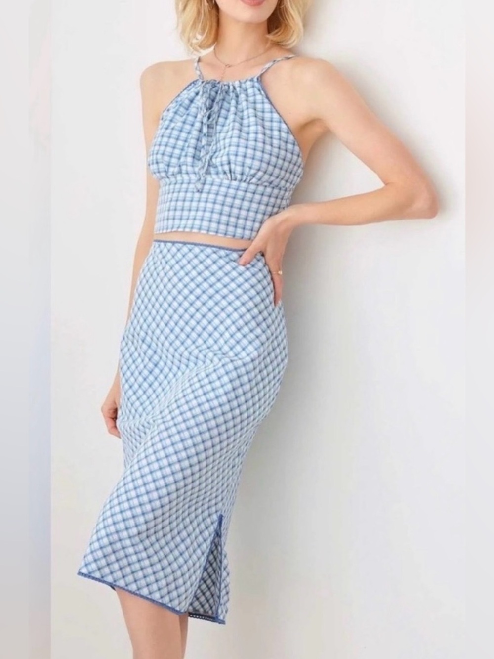 Lelis Blue Gingham Two Piece Set- Crop Top & Midi Skirt